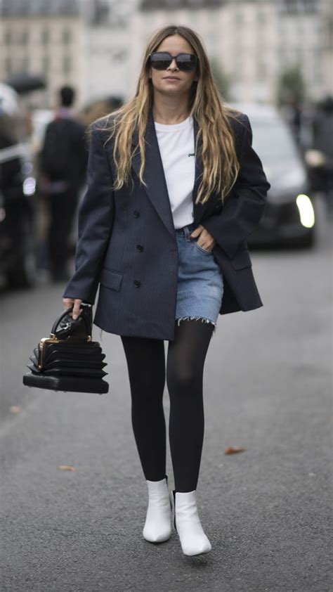 Wear Thick Black Tights With Your Distressed Denim Skirt Outfit
