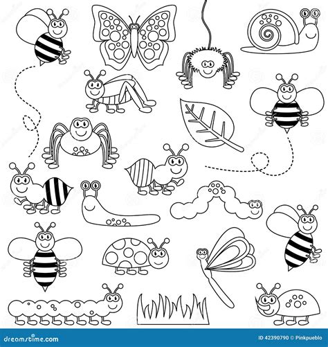Large Vector Set Of Cute Cartoon Bugs Line Art Stock Vector