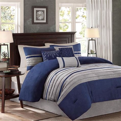 Comforter Set 7 Piece Queen Navy Blue And Gray Ultra Soft Bedding
