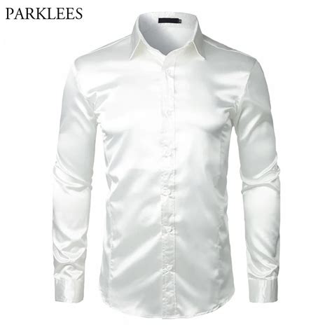 Stylish White Silk Satin Shirt Men Chemise Homme 2018 Casual Long