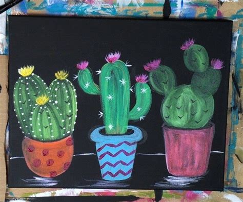 How To Paint Cacti In Pots Acrylic On Black Canvas Step By Step