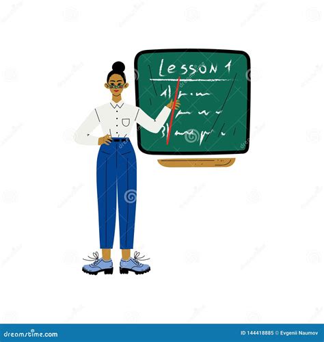 Female Teacher Character Standing In Front Of School Blackboard Vector