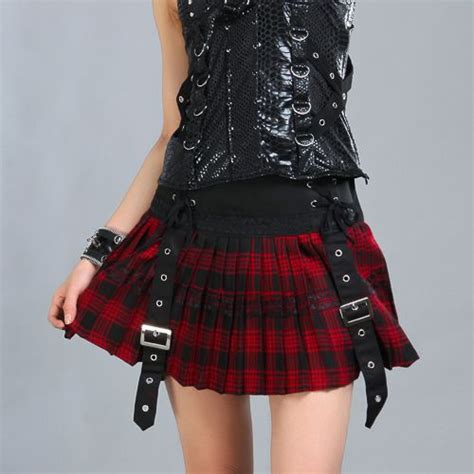 Red And Black Plaid Pleated Short Mini Gothic Steam Punk Rock Skirt Sku