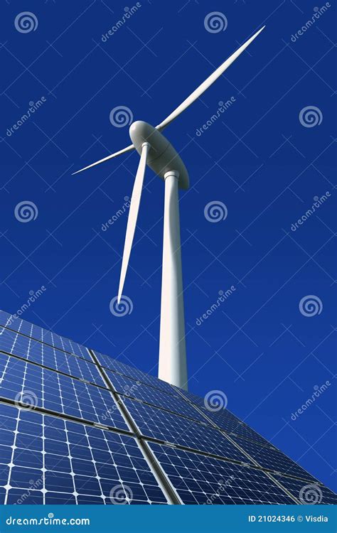 Solar Panels And Wind Turbine Against Blue Stock Illustration