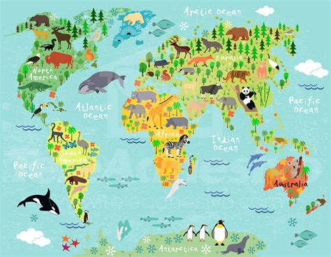 Kids Wall Sticker World Map Childrens Continents And Animals