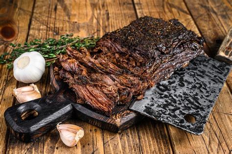 Homemade Smoked Barbecue Beef Brisket Meat Wooden Background Stock