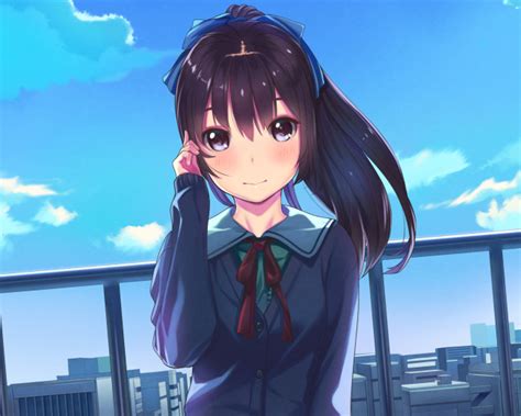 Wallpaper Anime Girl School Uniform Brown Hair Sky