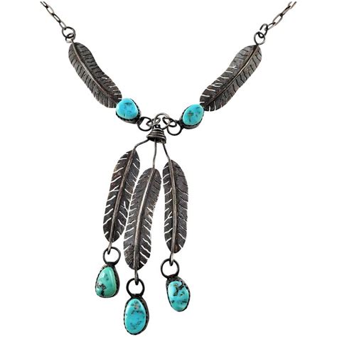 Vintage Native American Sterling Silver Turquoise Feather Dangle Necklace Sold At Ruby Lane