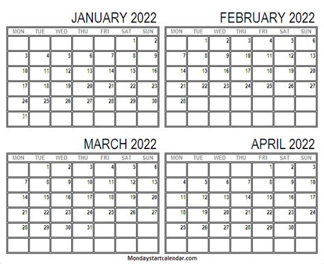 Jan To Apr 2022 Calendar With Notes Calendar January 2022 Monday