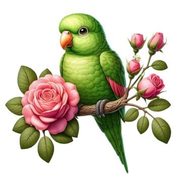 Um Papagaio Verde Sentado Em Um Galho Flores PNG Um Papagaio