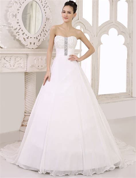 Chic Court Train Ivory Bridal A Line Chiffon Wedding Gown With A Line