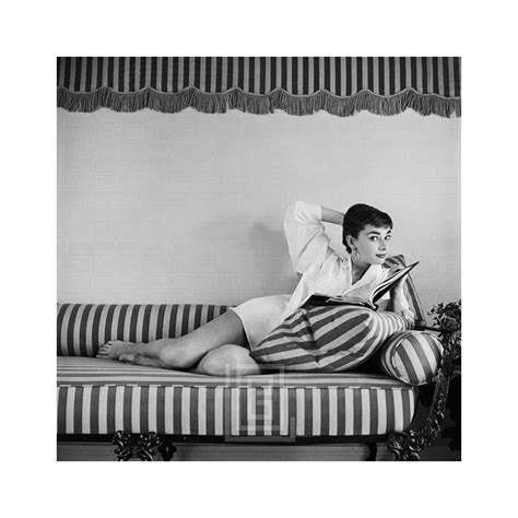 Mark Shaw Audrey Hepburn On Striped Sofa Arm Back Glances Right