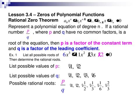 Ppt Lesson 34 Zeros Of Polynomial Functions Rational Zero Theorem