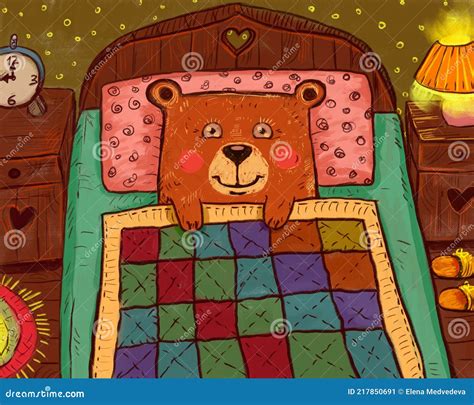Illustration Of A Cute Funny Brown Cartoon Bear Teddy Bear In Bed