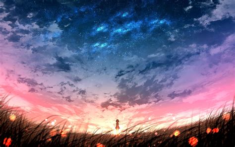 Anime Landscape Sunset Plants Field Sky Anime Red Sky Wallpaper