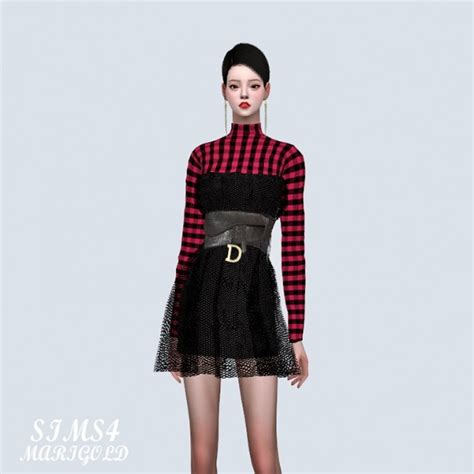 Sims4 Marigold Plaid Top See Through Mesh Mini Dress With Dior Bag