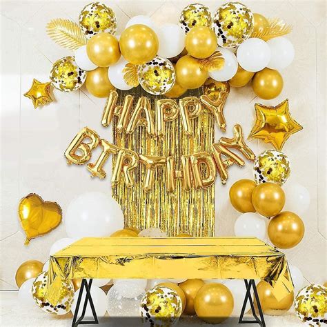 Birthday Party Decoration Gold Balloon Kit Happy Birthday Banner Gold Tablecloth Fringe Curtain