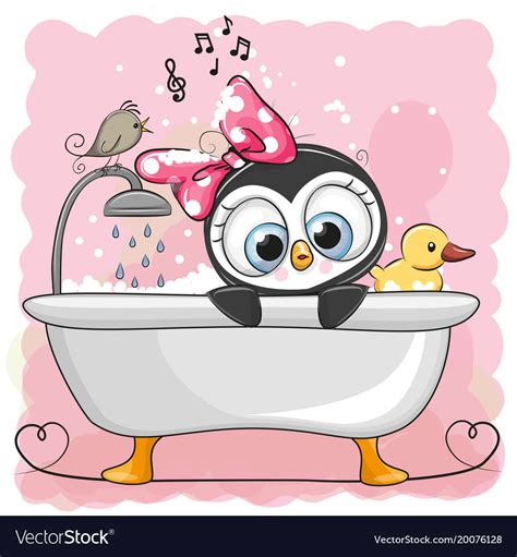 Cute Cartoon Penguin Girl In Bathroom Royalty Free Vector