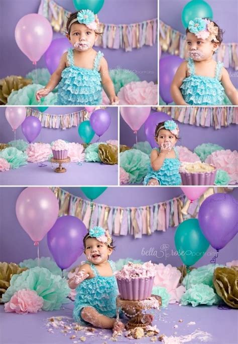 1 Year Old Baby Girl Cake Smash Lavender Purple Aqua Teal Gold Pink