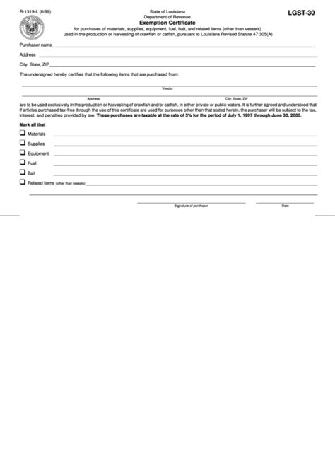 Fillable Form R 1319 L Exemption Certificate State Of Louisiana