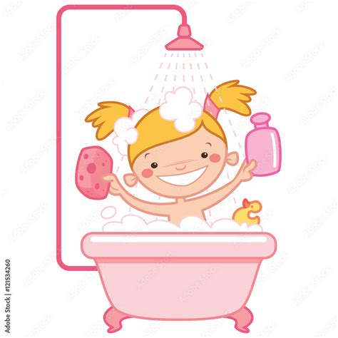 Happy Cartoon Baby Girl Kid In Pink Bath Tub Stock Vector Adobe Stock