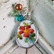 Vintage Floral Broken China Jewelry Oval Pendant Necklace