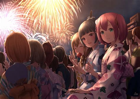 anime girls festival fireworks kimono friends short hair anime hd wallpaper wallpaperbetter