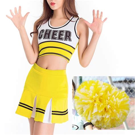 With PCS Cheerleader Pom Poms Yellow Sexy High Babe Cheerleader Costume Cheer Girls Uniform