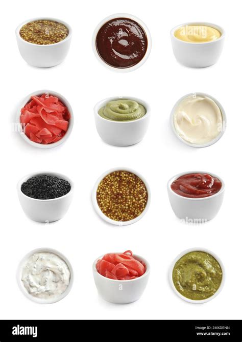 Set Of Different Delicious Sauces And Condiments On White Background