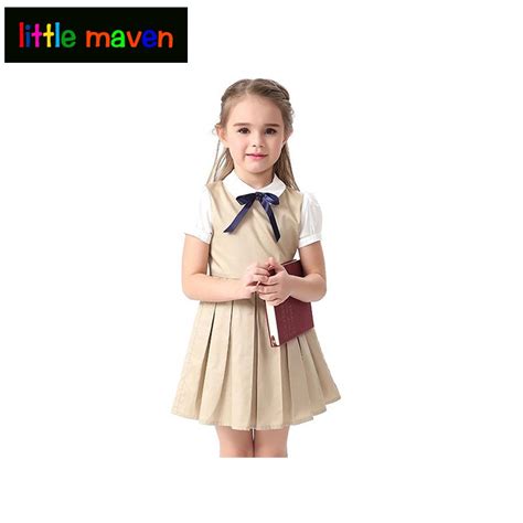 2018 Summer Blue Cotton Short Sleeve Pleated Kids School Uniform Dress
