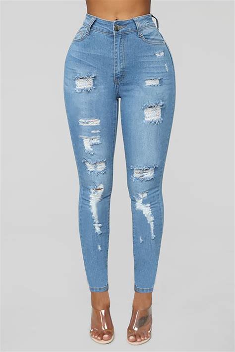 Hot Style Slim Fit Buttock Lift Small Feet Ripped Women Jeans Pencil High Waist Blue Skinny
