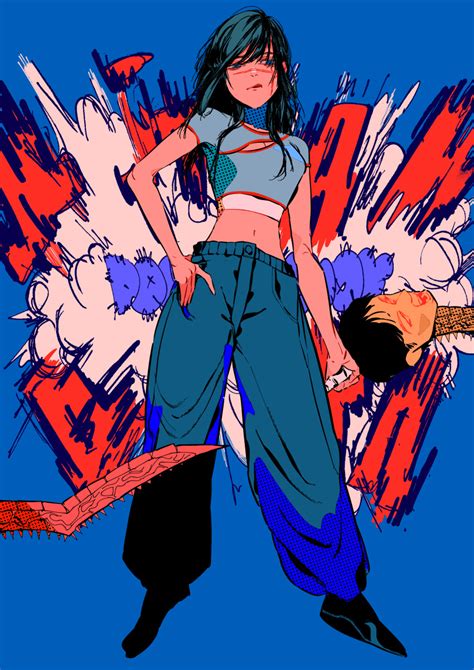 the big imageboard tbib 1girl absurdres baggy pants black hair blue eyes blue shirt chainsaw