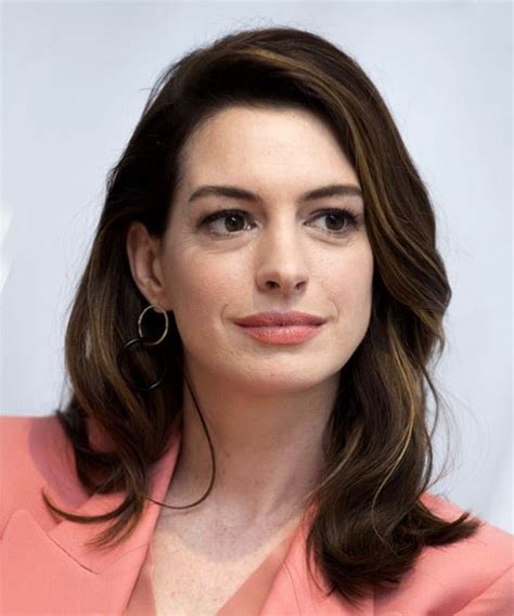 Anne Hathaway Long Straight Dark Brunette Hairstyle With Side Swept Bangs And Light Brunette