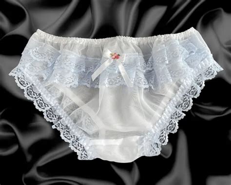 White Blue Frilly Sissy Sheer Soft Nylon Satin Bow Panties Knickers