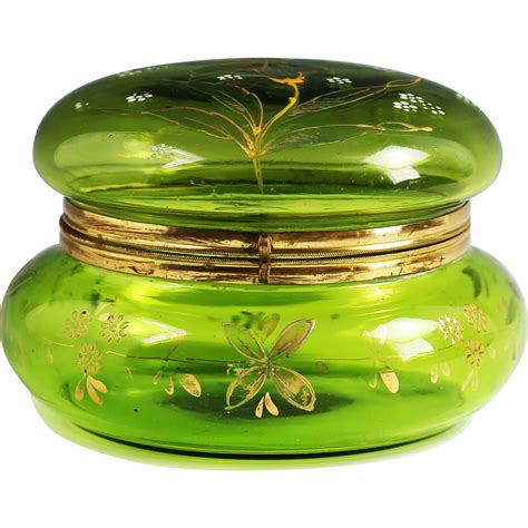 X Large Antique Victorian Era Green Enameled Glass Hinged Trinket Box The Box Emporium Ruby Lane