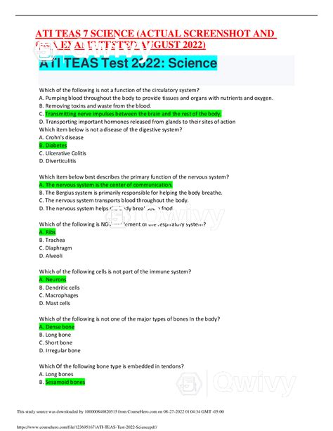 Ati Teas 7 Science Latest Version 50 Questions And 100 Correct A