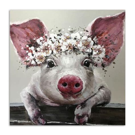 Cute Pig With Flowers Framed 1 Piece Canvas Wall Art Painting Wallpaper