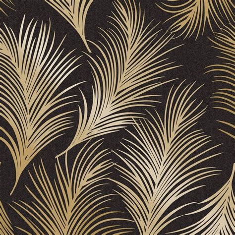 Sample Holden Metallic Feather Pattern Black Gold Wallpaper Leaf