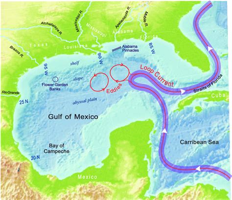 Gulf Of Mexico Bottom Topography Major Rivers And Currents