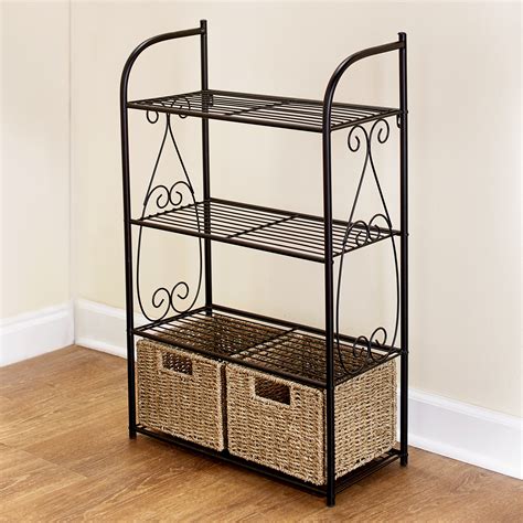 Decorative Metal Shelves With 2 Pullout Seagrass Baskets For Bathroom