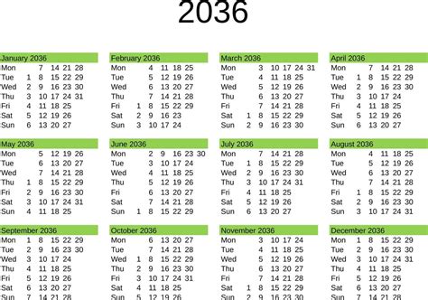 Year 2036 Calendar In English 22819485 Vector Art At Vecteezy