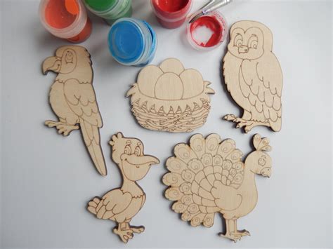 5 Laser Cut Wood Shapes For Coloring: Owl Parrot Peacock