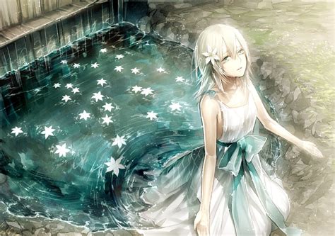 White Hair Girl Wearing White Dress Anime Illustration Nier Yonah