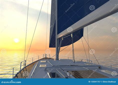 Sailing Lboat At Open Sea Towards Sunset D Illustration Stock