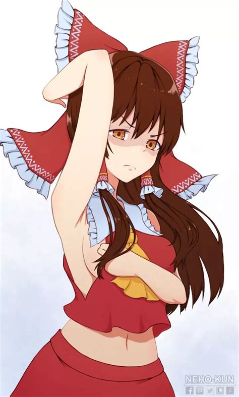 Neho Kun Hakurei Reimu Touhou 1girl Arm Up Armpits Artist Name Ascot Bare Shoulders