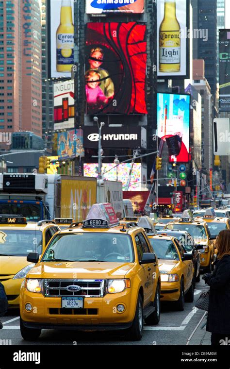 New York City Street Scene In Times Square Manhattan Taxi Cab Taxis