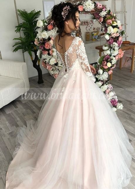 Cheap Princess Blush Pink Wedding Dress With Long Sleeves Online