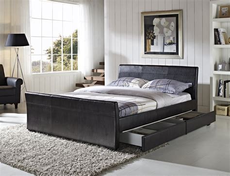 New Stunning Double King Size Faux Leather Sleigh Bed In Brown Black