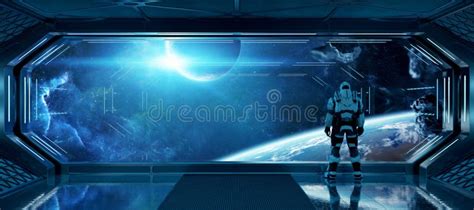 Astronaut In Futuristic Spaceship Watching Space Through A Large Window