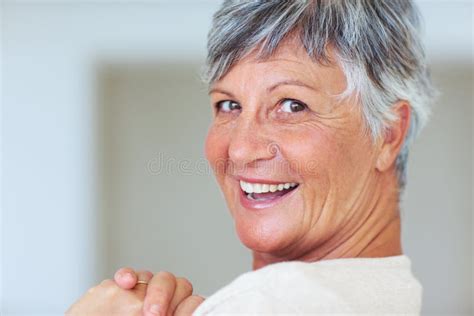 Mature Woman Smiling At You Closeup Portrait Of Cheerful Mature Woman